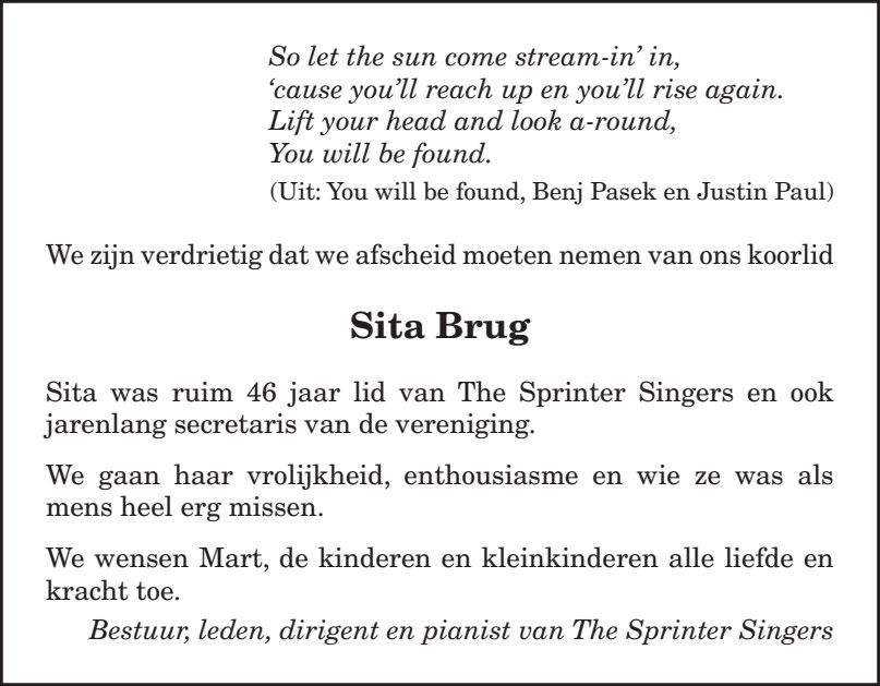 Rouwadvertentie Sita Brug The Sprinter Singers DEF